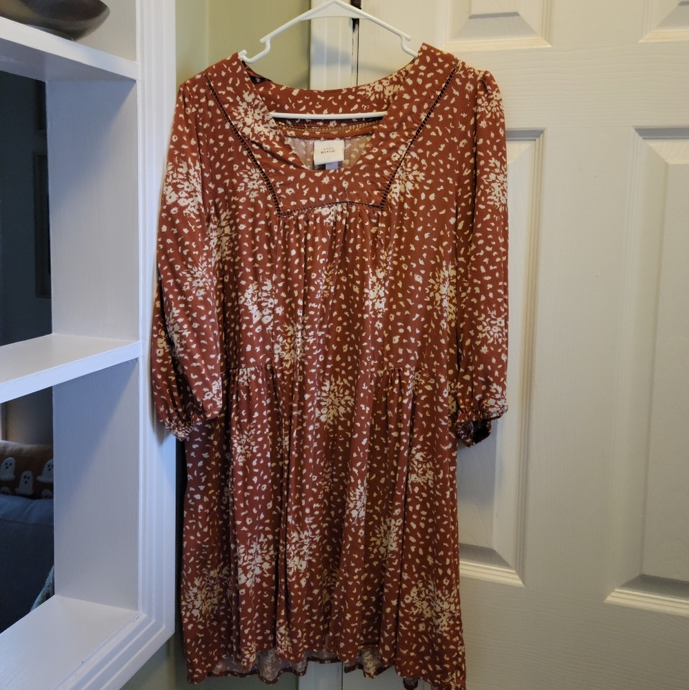 Brown Floral Abstract Pattern Mini Dress